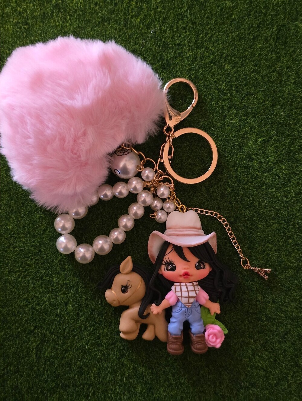 Pink Fluffy Pom Pom Keychain with Cowgirl Clay Doll and Pearl Accent